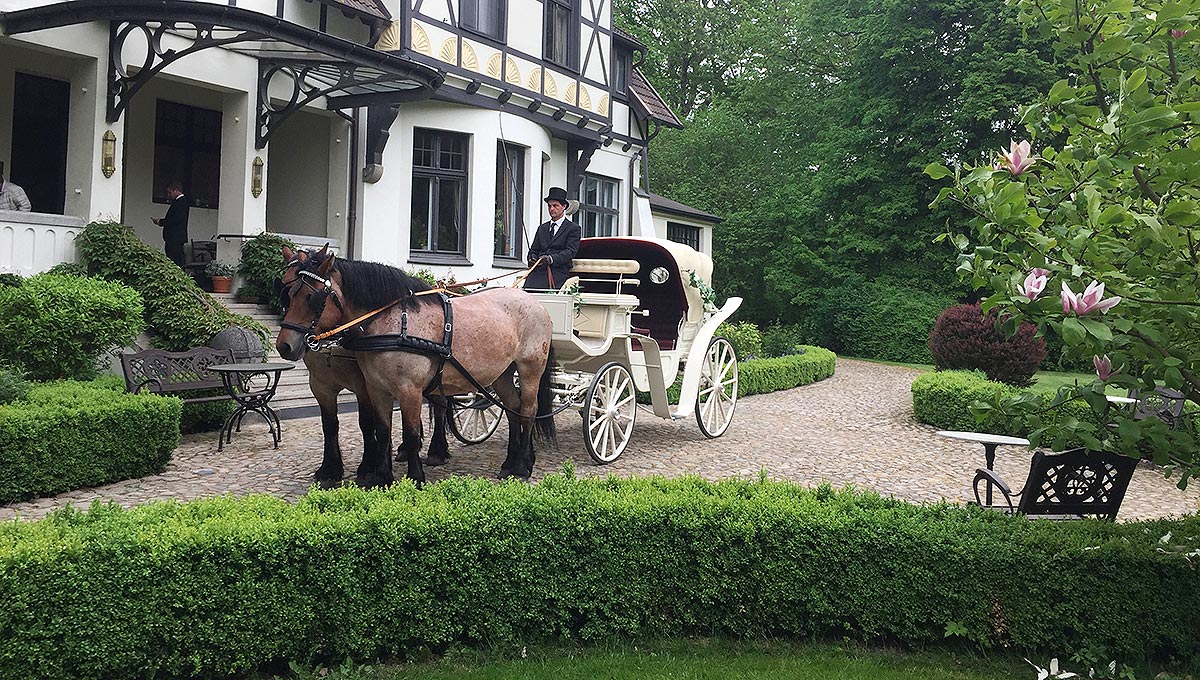 Unsere weiße Hochzeitskutsche für Ihre Traumhochzeit auf Rügen.